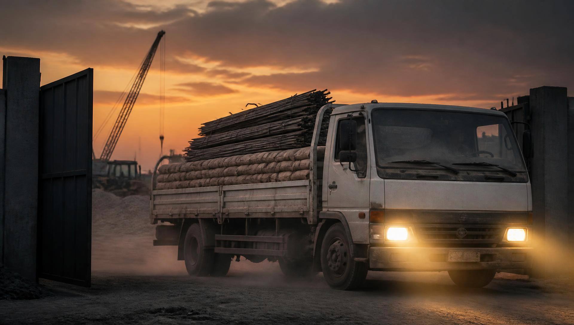 Truck loaded with construction materials leaving the Real Steel Co. supply yard