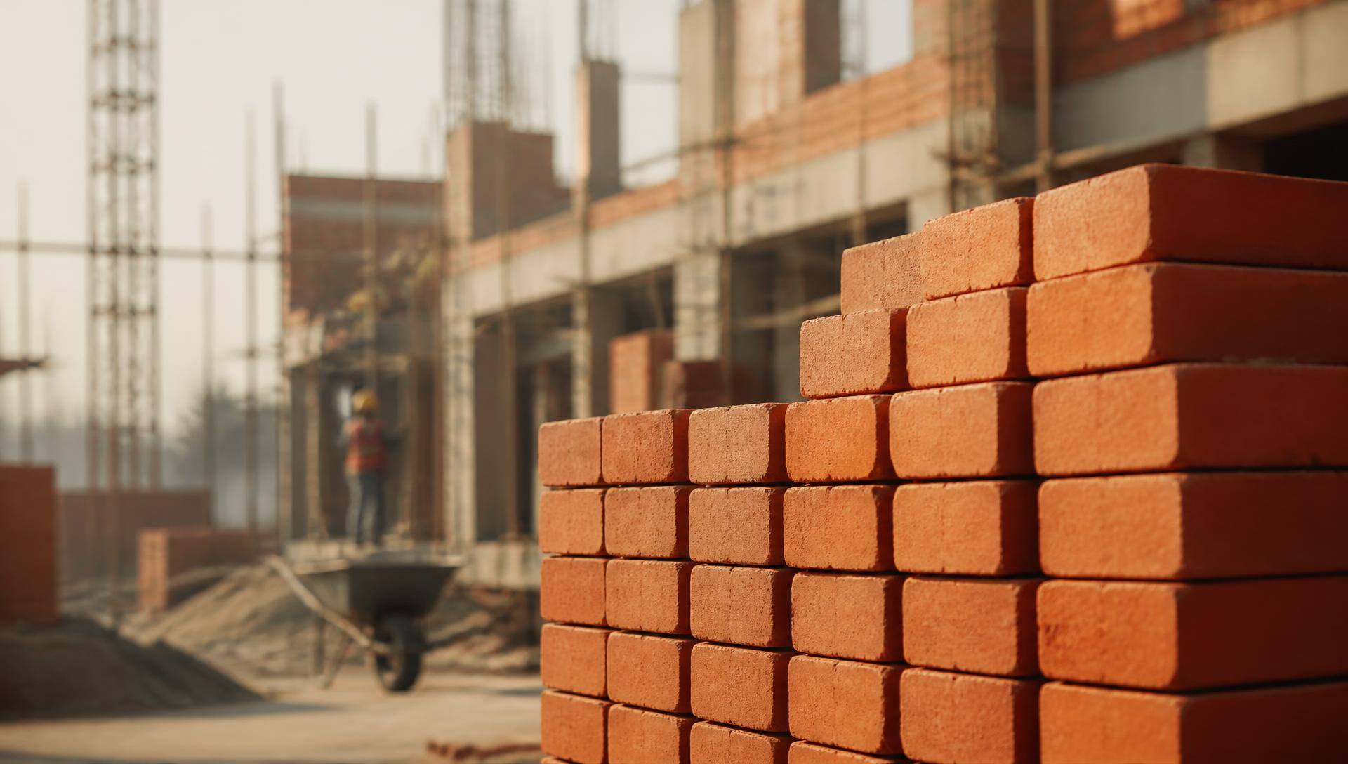 Stacked red clay bricks arranged on pallets