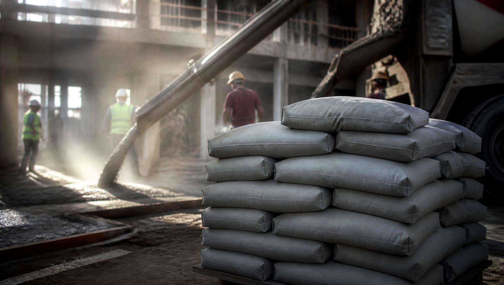 Stacked cement bags at a construction material supply yard