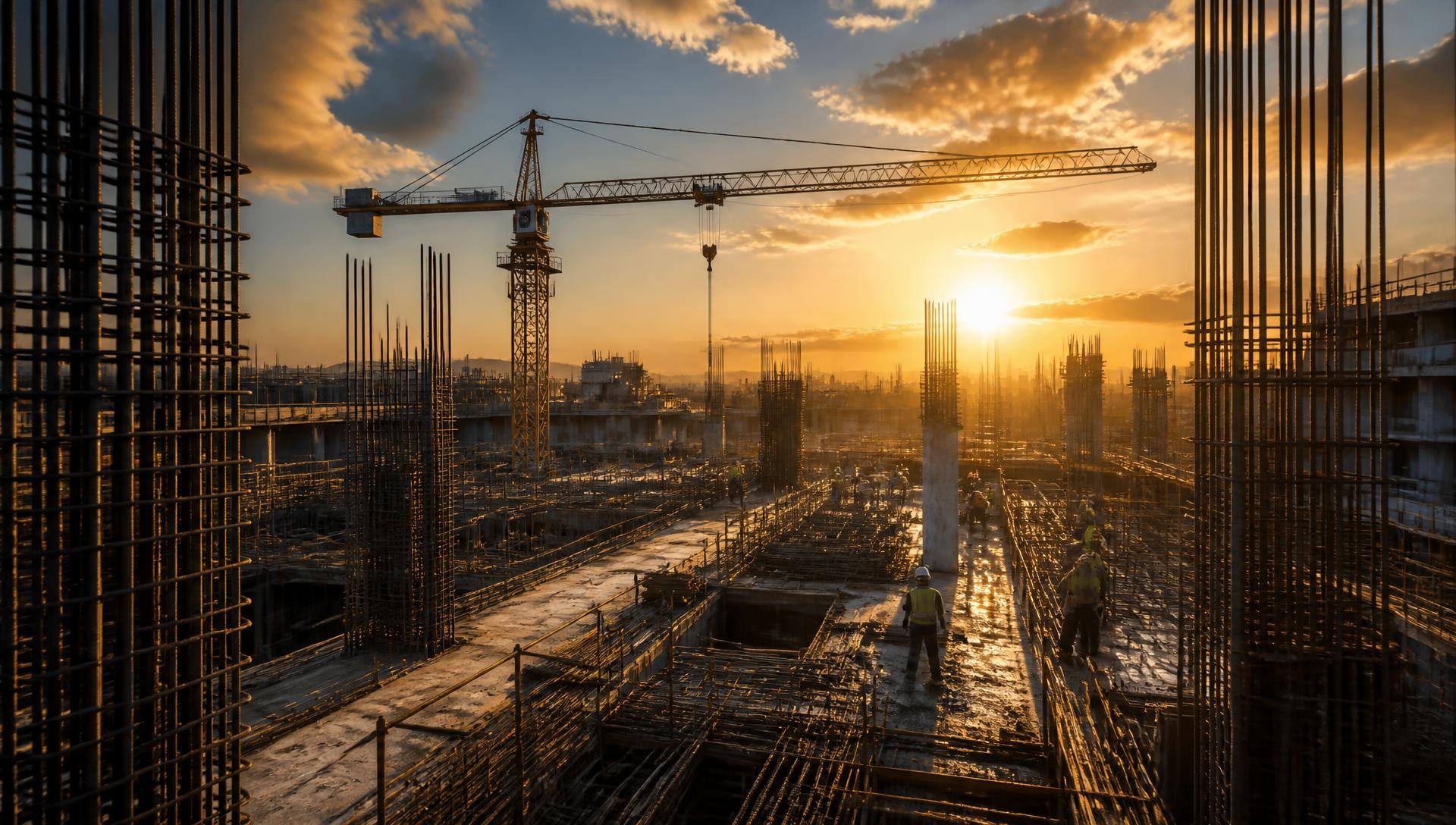 Large-scale construction site with steel reinforcement, formwork and concrete structures under construction