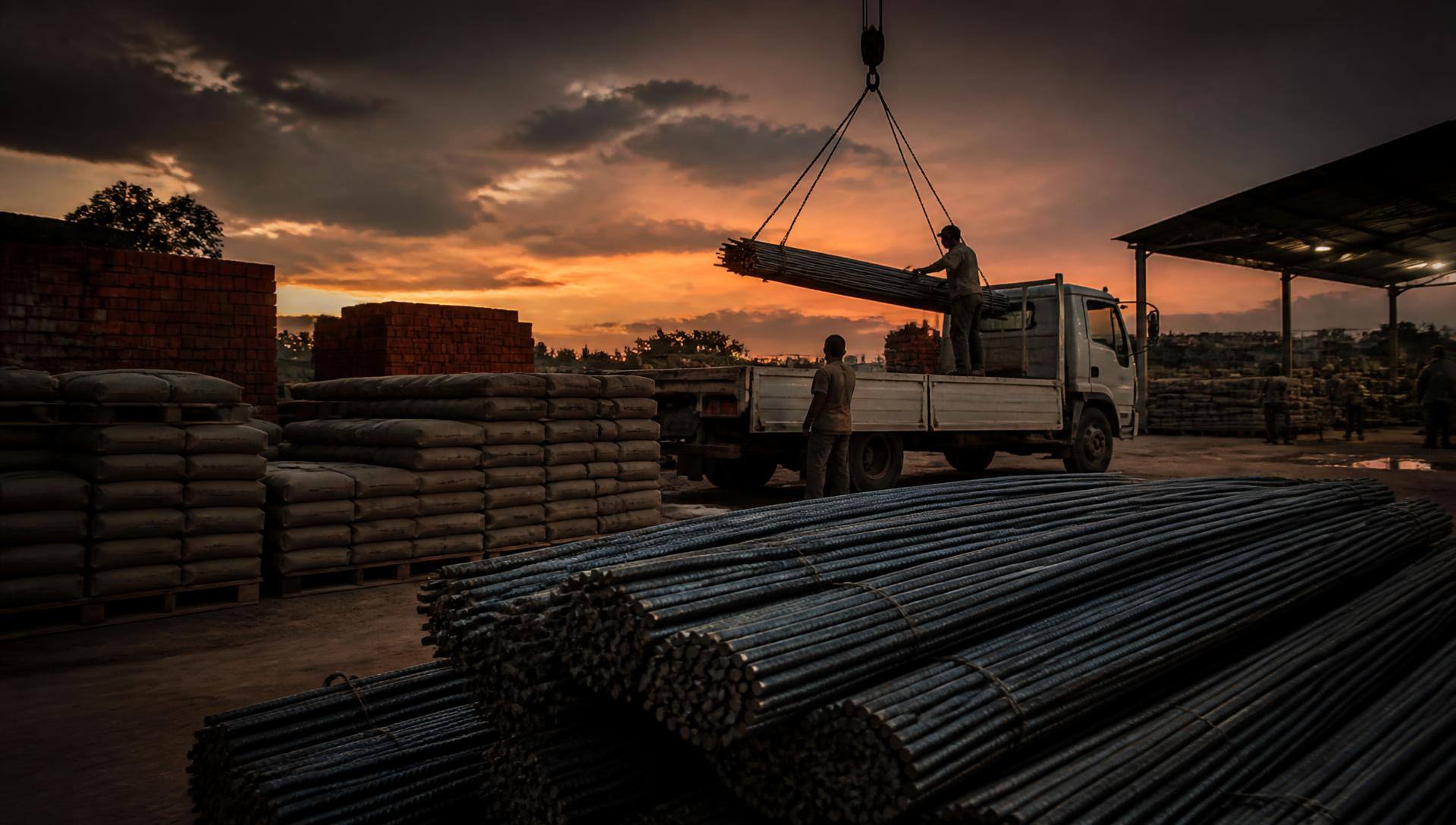 Construction material yard holding steel bars, cement, bricks and a loaded delivery truck